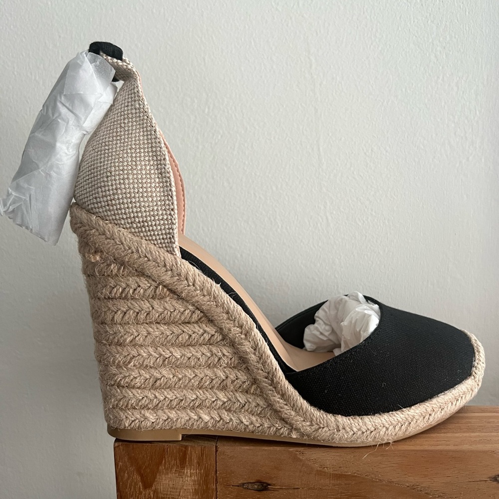New Black linen espadrilles wedge heels